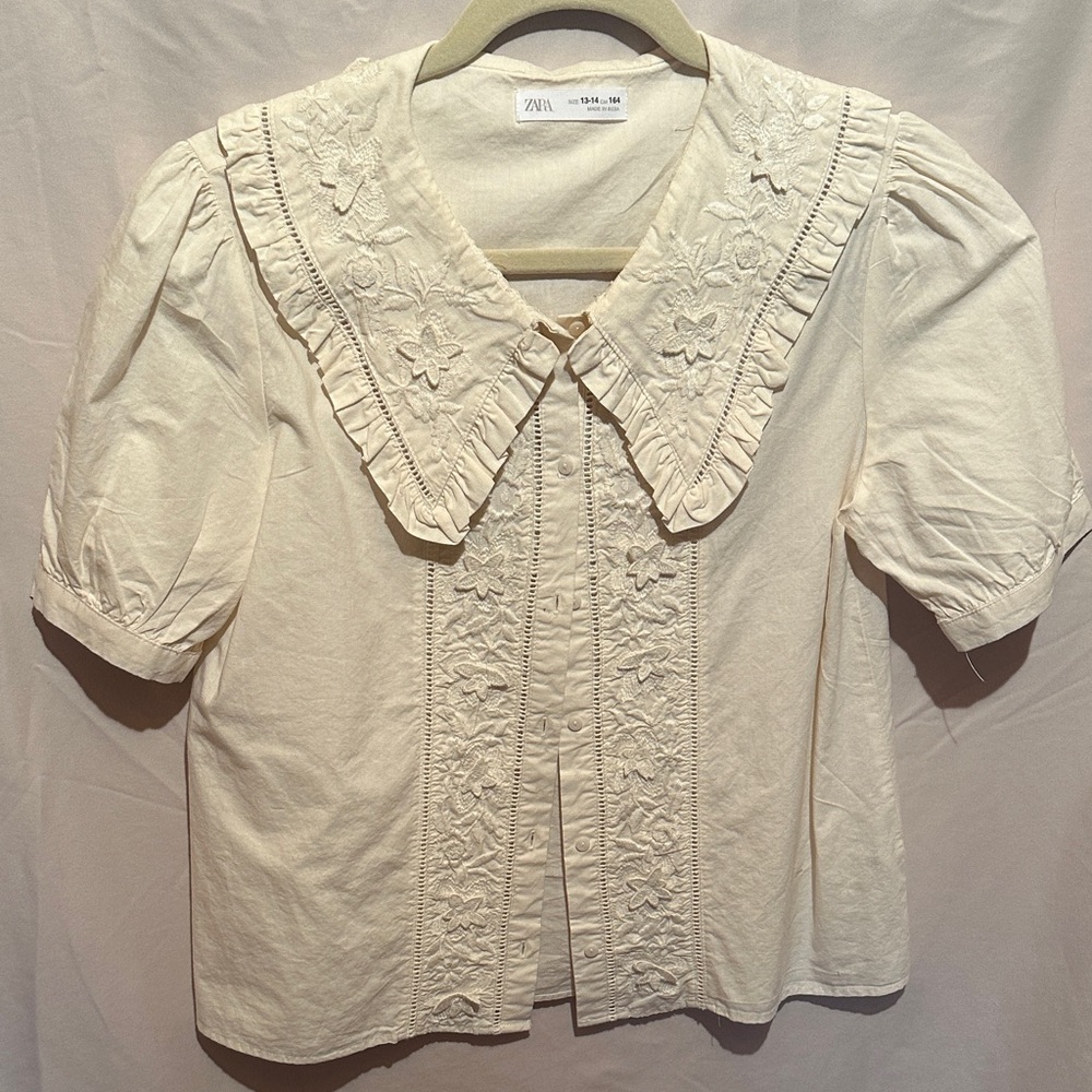 Zara Cream Embroidered Peter Pan Collar Blouse